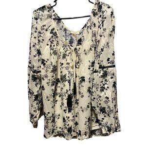 Easel Los Angeles 2X Cream Black Floral Long Sleeve Tassel Tie Blouse‎ Boho Chic